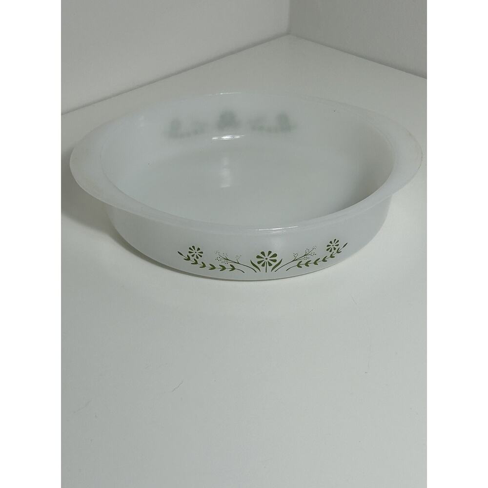 Glasbake 8.75” Round Green Flower And White Casserole Dish With Handles Vtg - Picture 2 of 3